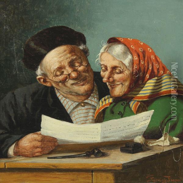 Elderly Couple Reading Good News Oil Painting - Olaf Simony Jensen