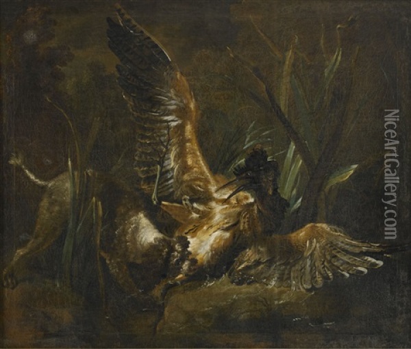 Pudel I Strid Med Rordrom (after Jean Baptiste Oudry) Oil Painting - Hugues Taraval