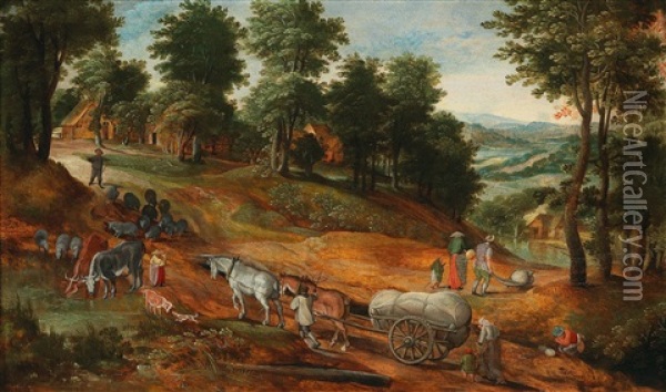 A Wooded Landscape With Peasants On A Path Oil Painting - Jacob Grimmer