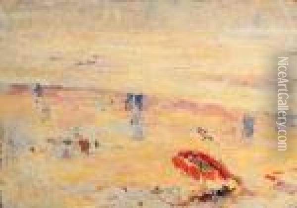 Red Umbrella On The Beach Oil Painting - Joseph Morris Raphael