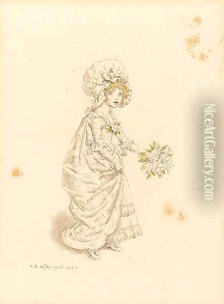A young girl carrying a bouquet Oil Painting - Kate Greenaway