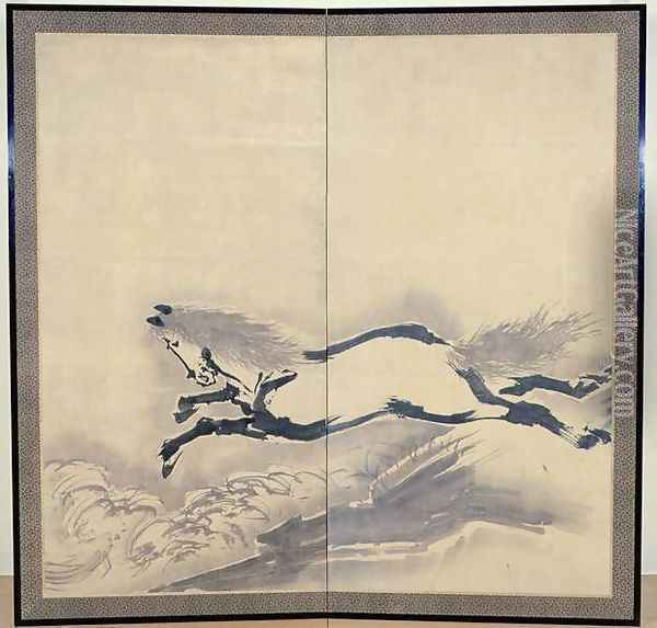 Horse Jumping, Japanese, Edo period, c.18th century Oil Painting - Soga Shohaku