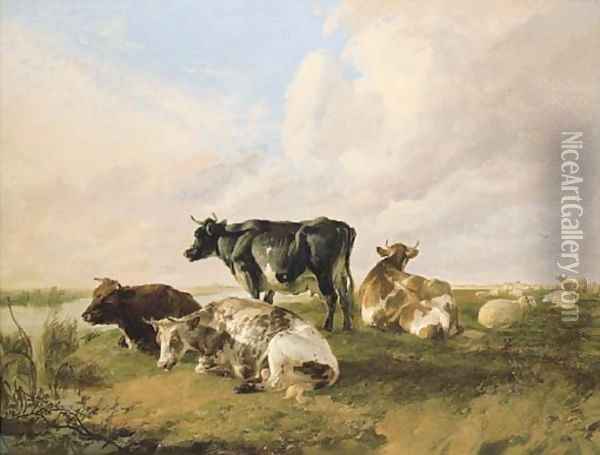 A bull, cows and sheep in a river landscape Oil Painting - Thomas Sidney Cooper