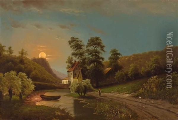 Mondscheinlandschaft Oil Painting - Johann Jungblut