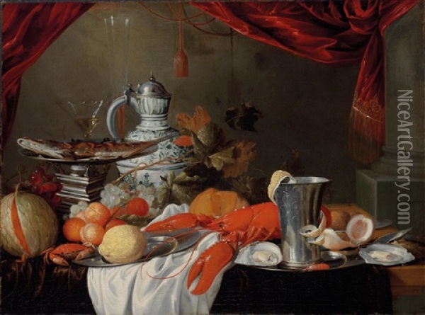 Still Life With A Lobster, A Faience Jug, A Silver Beaker, A Fish And Fruit Oil Painting - Jan Davidsz De Heem