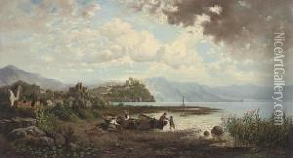 Fisherfolk Mending Nets Before A Citadel, Gorizia Oil Painting - Ludwig Rubelli Von Sturmfest
