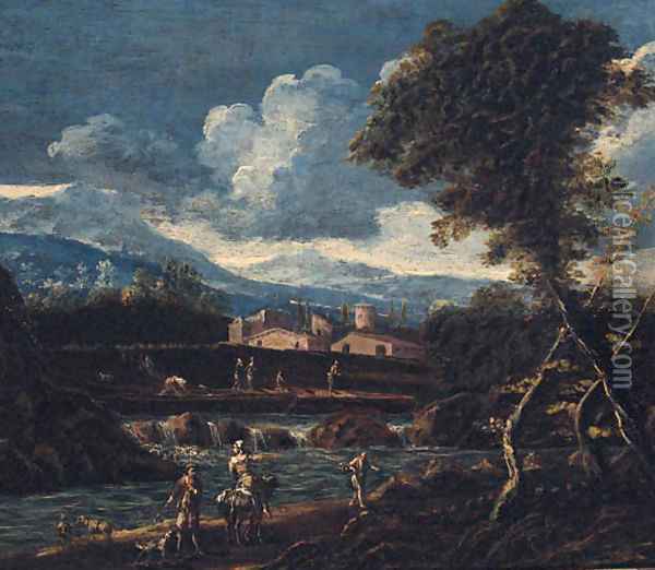 A river landscape with peasants on a track, a village and mountains beyond Oil Painting - Alessandro Magnasco