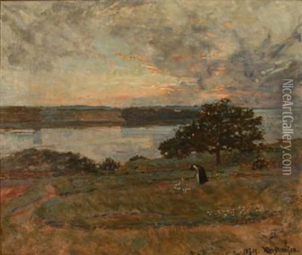 Fra Bramsnaesvig - Solnedgang (sunset At Bramsnaesvig, Denmark) Oil Painting - Viggo Johansen