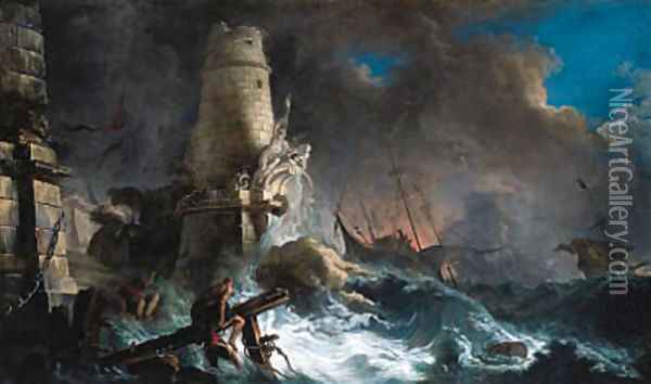 A shipwreck in stormy seas with survivors near a harbour entrance Oil Painting - Jacques de Lajoue