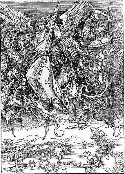St.Michael and his Angels Fight the Dragon Oil Painting - Albrecht Durer