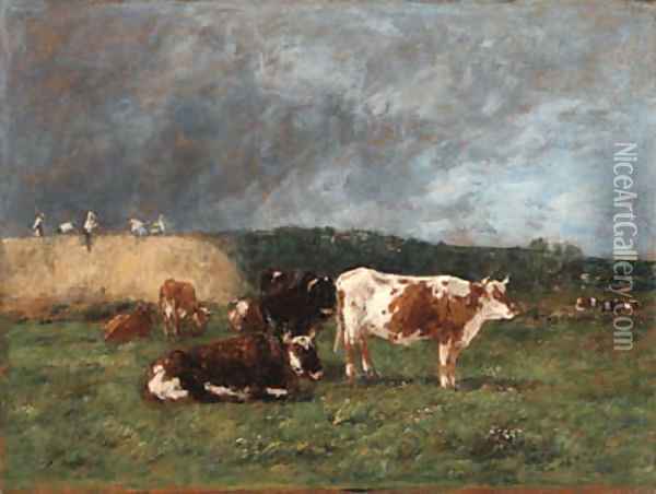 Les Meules, vaches au pturage (Haystacks, Cows in the Pasture) Oil Painting - Eugene Boudin