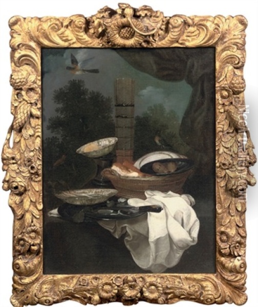 A Pewter Plate, A Wan-li Bowl, A Wicker Basket With Bread And Other Objects,  All On A Partially Draped Table Oil Painting - Jan Jansz. Treck