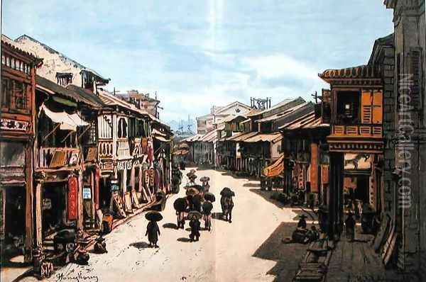 A street in Hong Kong in the mid nineteenth century Oil Painting - Eduard Hildebrandt