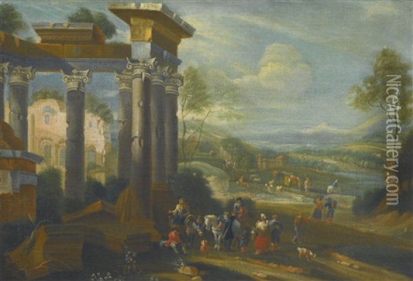 Extensive Landscape With Travellers Resting Amongst Classical Ruins Oil Painting - Mathys Schoevaerdts