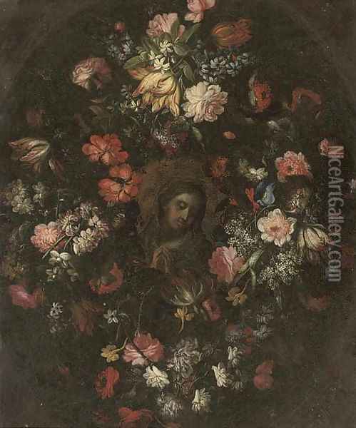 The Madonna at prayer in a floral cartouche Oil Painting - dei Fiori (Nuzzi) Mario
