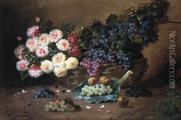 Still Life with Roses and Grapes Oil Painting - Max Carlier