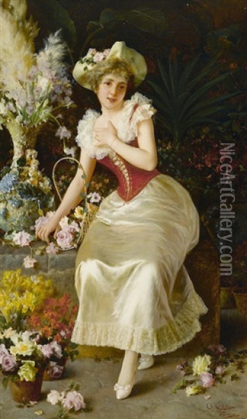 A Young Lady With Flowers Oil Painting - Oreste Costa