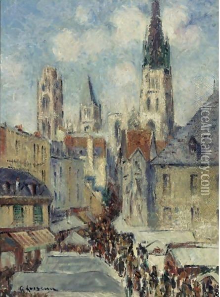 La Rue De L'Epicerie A Rouen, Jour De Marche Oil Painting - Gustave Loiseau