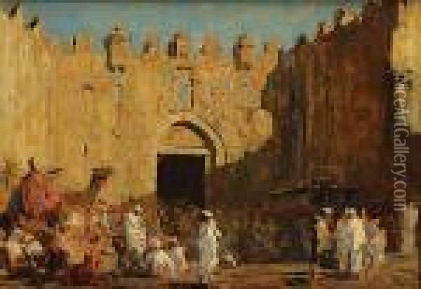 'de Damascuspoort In Jeruzalem'. Oil Painting - Erich Kips