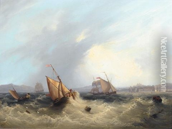 Shipping Off A Port, Thought To Be Kirkcudbright On The Solway Firth Oil Painting - Frederick Calvert