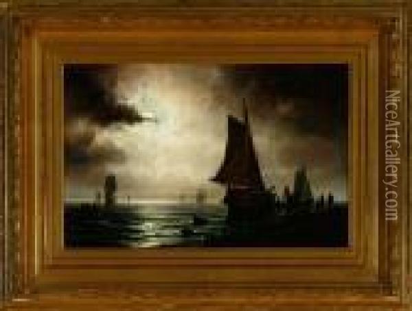 Sailing Ships Are Loaded From The Beach In Moonlight Oil Painting - Carl Ludwig Bille