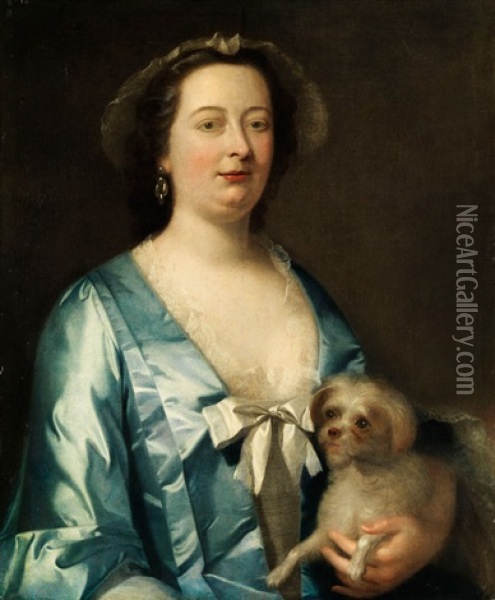 Portraitbildnis Einer Dame In Blauem Seidenkleid Mit Schosshundchen Oil Painting - Antoine Pesne