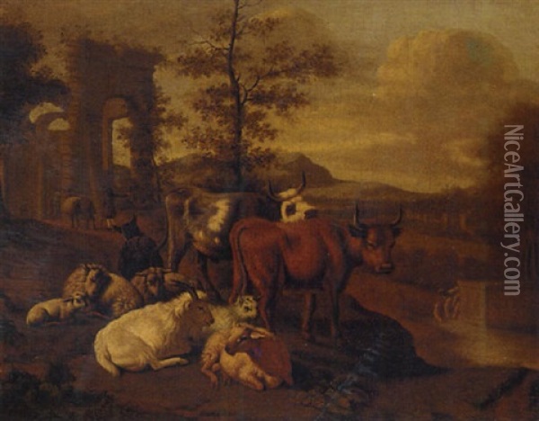 Cattle, Goats And Figures With A Donkey By Classical Ruins Oil Painting - Michiel Carree