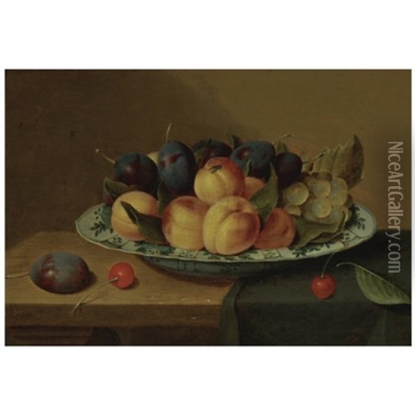 A Still Life Of Apricots And Plums In A Wan-li Porcelain Bowl Together With Cherries, All On A Table-top Partly Draped With A Green Cloth Oil Painting - Jacob van Hulsdonck