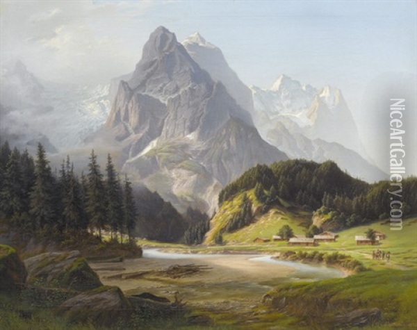 Rosenlaui Mit Wetterhorn Und Wellhorn Oil Painting - Johann Matthias Neithardt