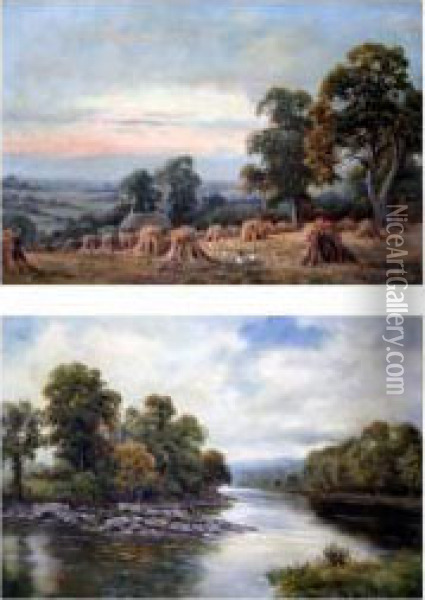 On The River Conway & Harvest Field Oil Painting - Sidney Yates Johnson