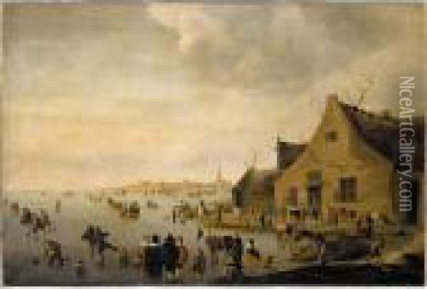 Skaters On A Frozen Lake At The Edge Of A Town Oil Painting - Cornelis Beelt