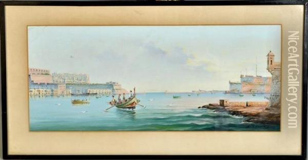 Valetta Harbour With Fishing Boats And Other Vessels Oil Painting - Vincenzo D Esposito