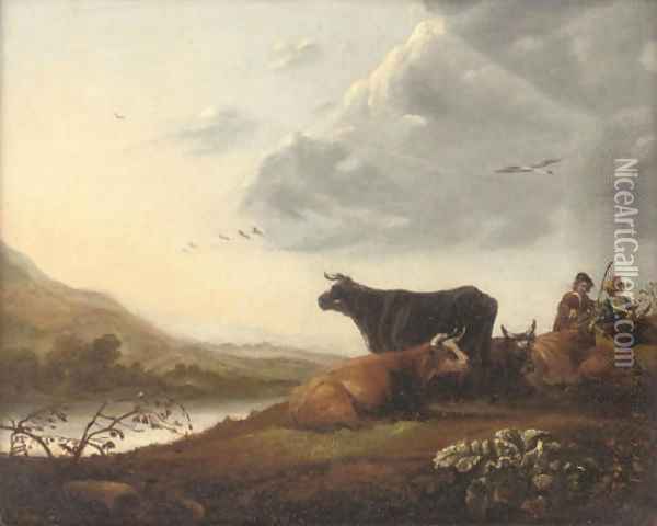 Cattle and drovers in a river landscape Oil Painting - Aelbert Cuyp