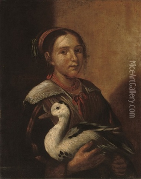 A Young Girl In Peasant Dress, A Duck In Her Arms Oil Painting - Giacomo Ceruti