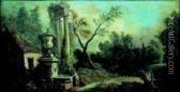 Paesaggio Bucolico Con Rovine E Figura Alla Fonte Oil Painting - Nicolas-Jacques Juliard