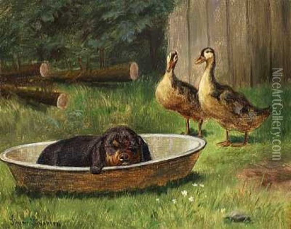 En Sovende Gravhundehvalp Betragtes Af To Aender Oil Painting - Simon Simonsen