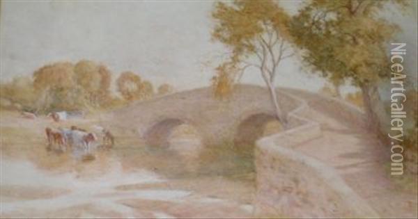 Cattle Watering By A Bridge Oil Painting - Arthur Claude Strachan