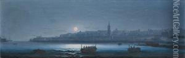 Valletta From Marsamxett Harbour At Night Oil Painting - Girolamo Gianni