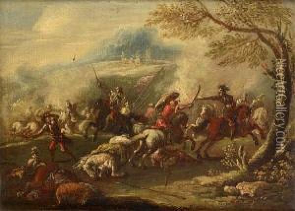 A Cavalry Skirmish; And A Cavalry Skirmish Before A Bridge Oil Painting - Ciccio Graziani
