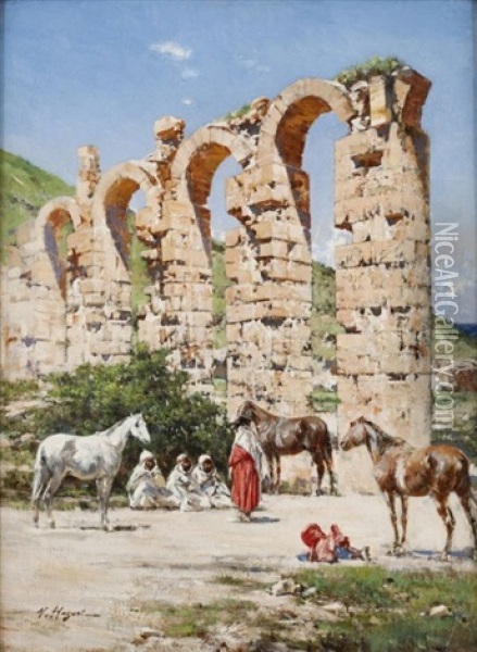 Halte Pres De L'aqueduc De L'oued Bella, Cherchel, Algerie Oil Painting - Victor Pierre Huguet