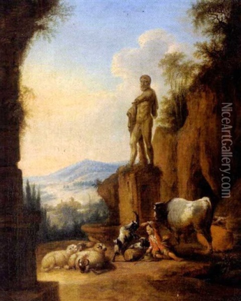 Sudliche, Gebirgige Landschaft Mit Der Statue Des Herkules, Einem Hirten Und Herde Oil Painting - Johann Conrad Seekatz