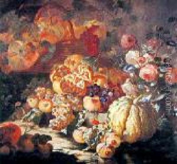 Martwa Natura Z Winogronami, Owocami Granatu I Kwiatami Oil Painting - Maximillian Pfeiler