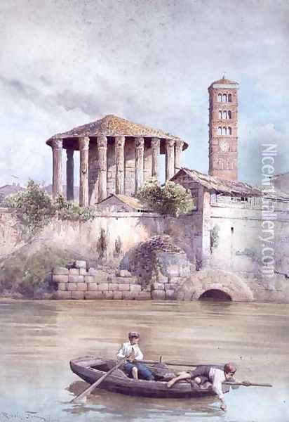 The Temple of Hercules from the River Tiber, Rome Oil Painting - Ettore Roesler Franz