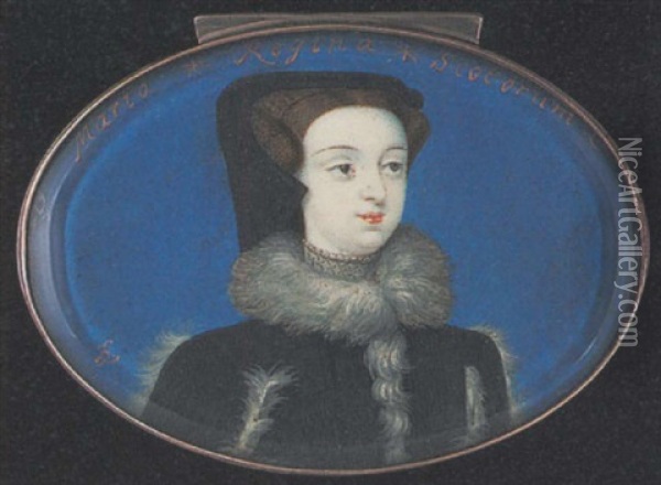 An Unknown Lady (mary Queen Of Scots?), Wearing Black Dress With White Fur Edging To The Neck And Sleeves, Pearl Set Grey Choker And Black Cap Oil Painting - Bernard (Goupy) Lens III