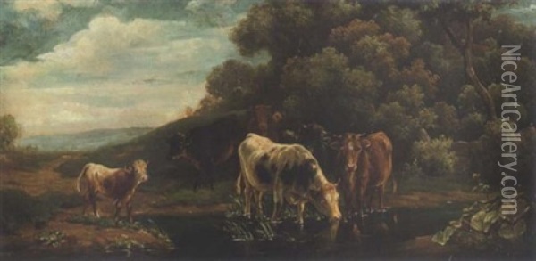 Kuhe Am Wasser Oil Painting - Louis (Ludwig) Reinhardt