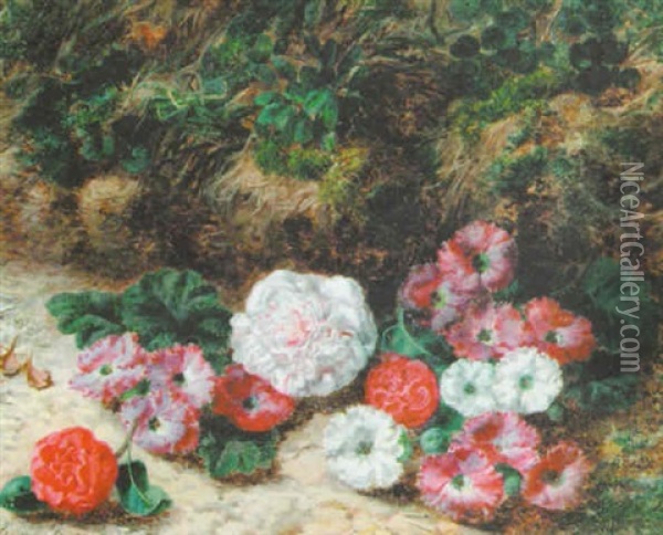 Primulas And Azaleas By A Bank Oil Painting - George Clare