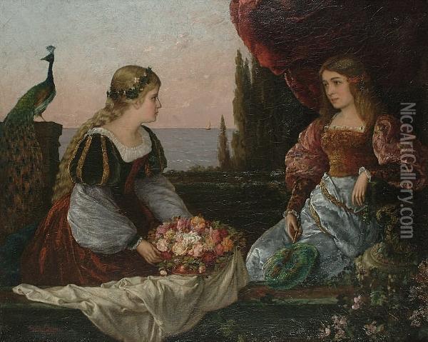 Two Beautiful Girls On A Terrace By The Sea Oil Painting - Gaston Haas
