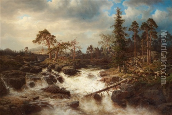Skogslandskap Med Fors Oil Painting - Marcus Larsson