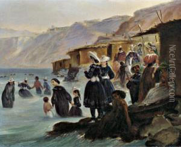 Los Banos De Miraflores, Banistas Y Cabanas En La Playa De Chorillos, Lima Oil Painting - Johann Moritz Rugendas