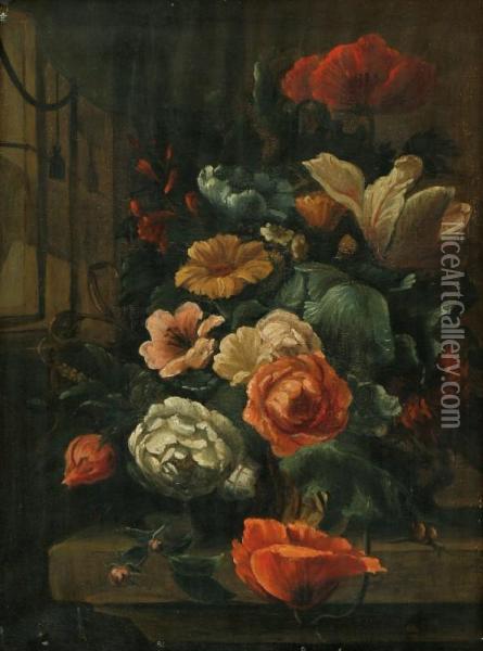 Still Life Withroses, Tulips, Poppies And A Snail On A Stone Plinth Oil Painting - Hans Bollongier